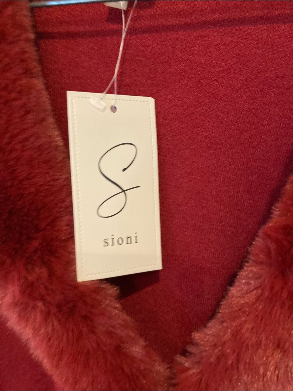 Sioni Deep Red Faux-Fur Trim Hooded Cardigan - Picture 2 of 4
